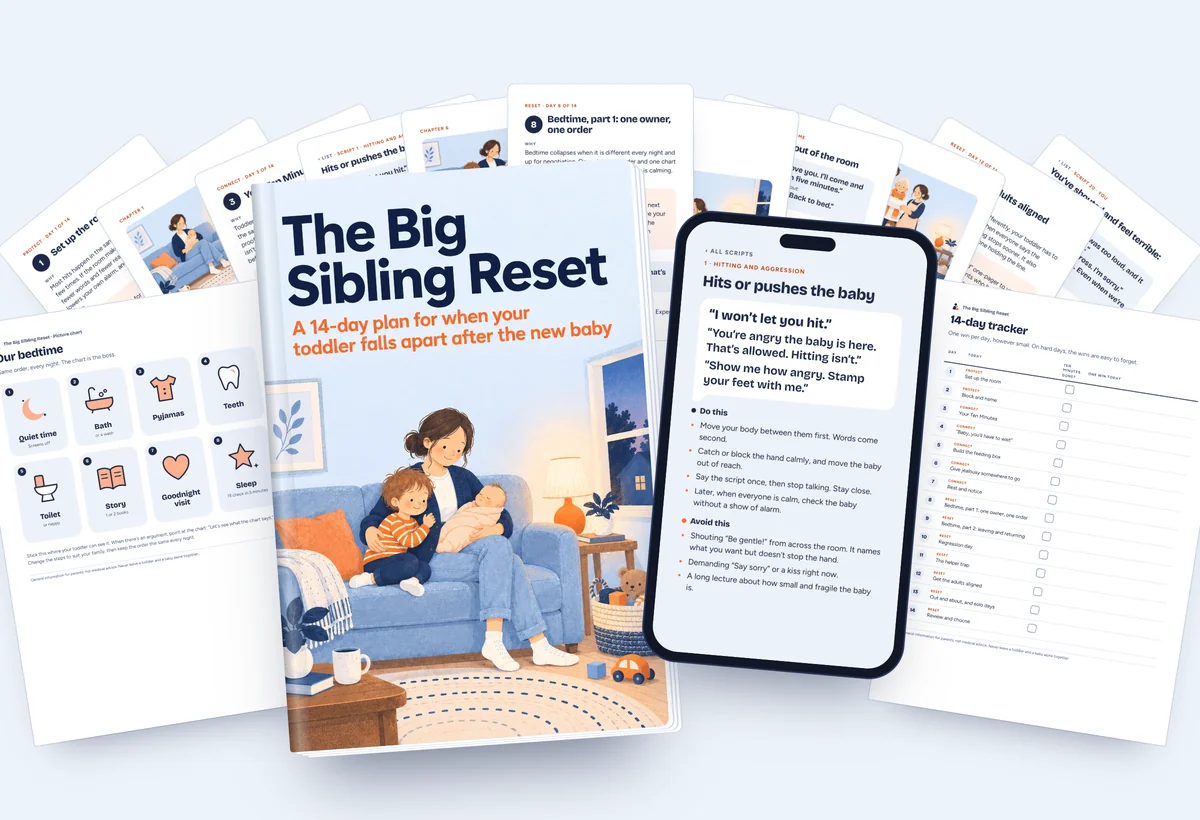 The Big Sibling Reset: the guide, Say This Now on a phone, and the printables